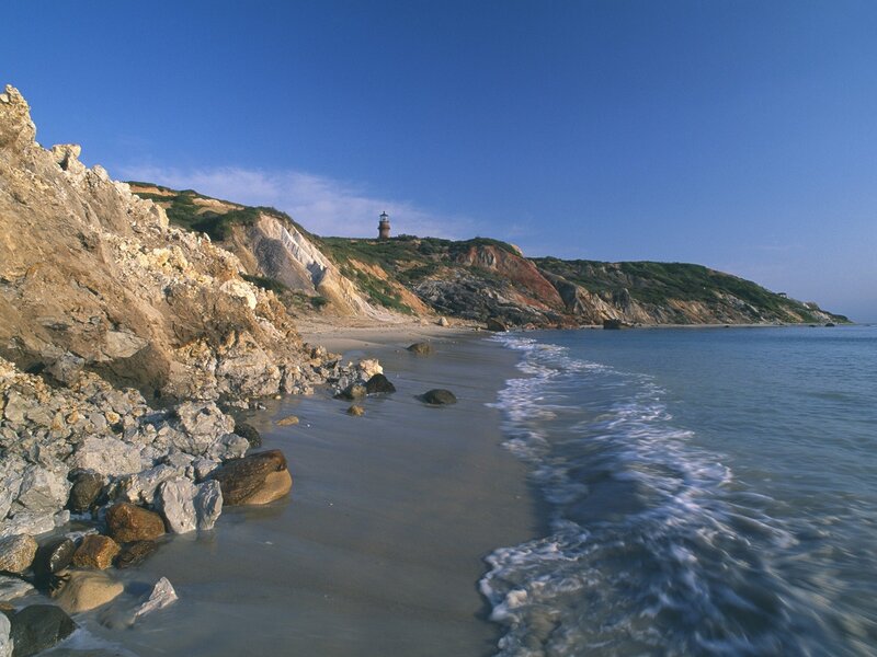 Lighthouse on Rocky Coast — Blue, Serene, Afternoon, Photograph, Cliffs, Beach