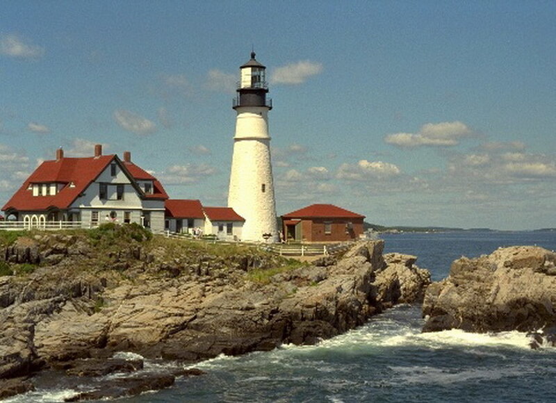 Lighthouse on Rocky Coast — Blue, Serene, Afternoon, Photograph, House