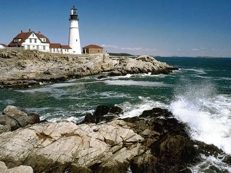 Lighthouse on Rocky Coast — Blue, Serene, Afternoon, Photograph, Ocean, Rocks