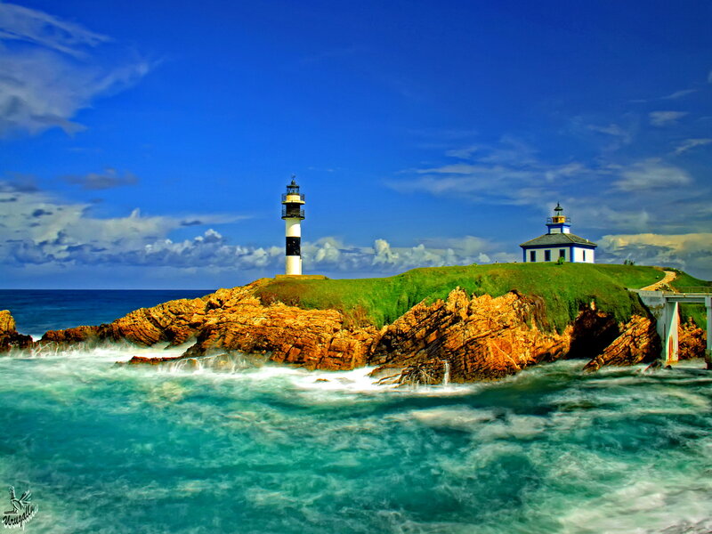 Lighthouse on Rocky Coast — Blue, Serene, Afternoon, Photograph, Ocean, Sky