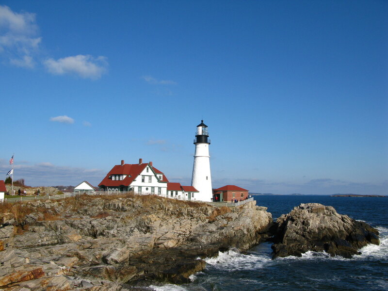 Lighthouse on Rocky Coast — Blue, Serene, Afternoon, Photograph, Ocean