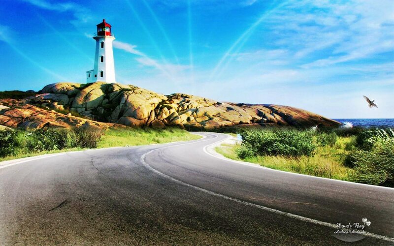 Lighthouse on Rocky Coast — Blue, Serene, Afternoon, Photograph, Road