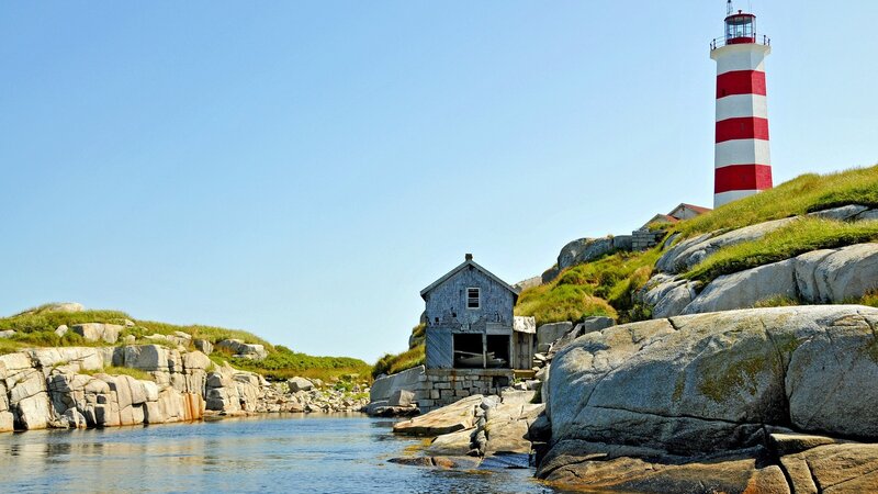 Lighthouse on Rocky Coast — Blue, Serene, Afternoon, Photograph, Shed
