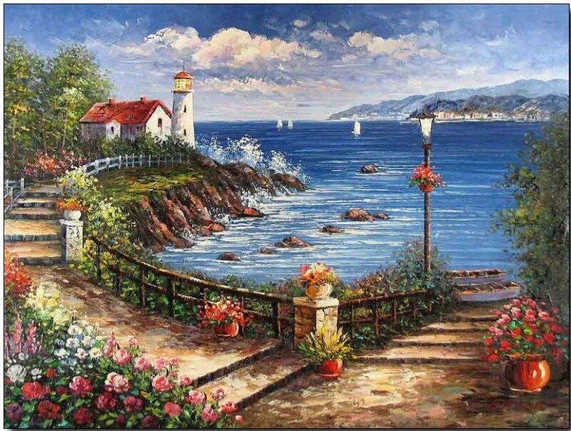 Lighthouse on Rocky Coast — Blue, Serene, Afternoon