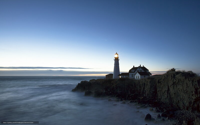Lighthouse on Rocky Coast — Blue, Serene, Night, Photograph, Ocean, Sky