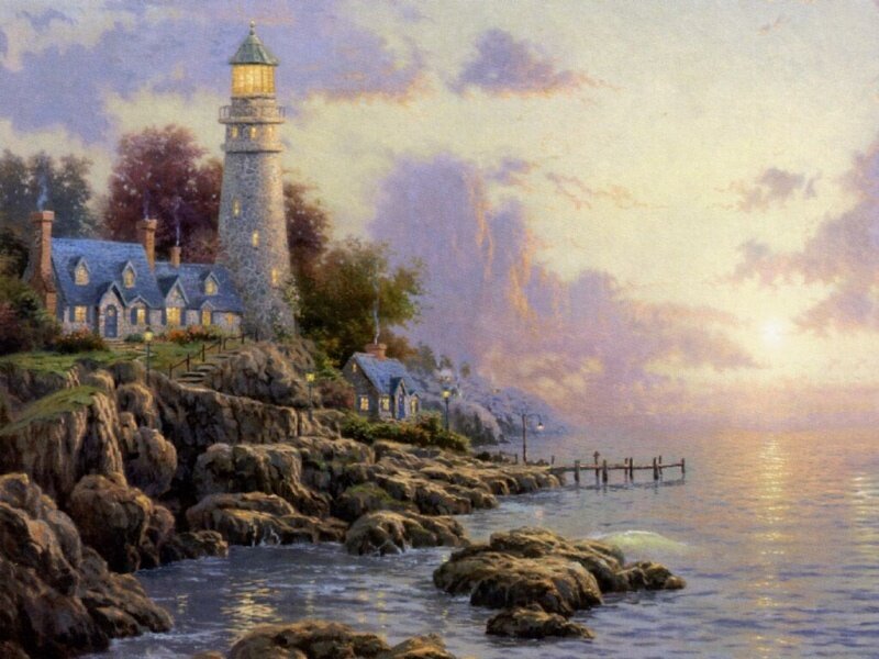 Lighthouse on Rocky Coast — Blue, Serene, Sunset, Painting, House, Pier