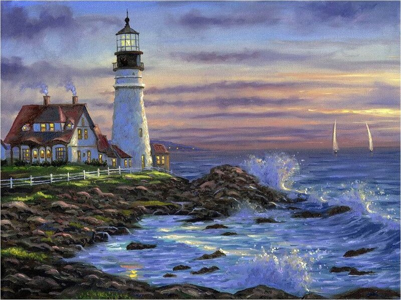 Lighthouse on Rocky Coast — Blue, Serene, Sunset, Painting, House