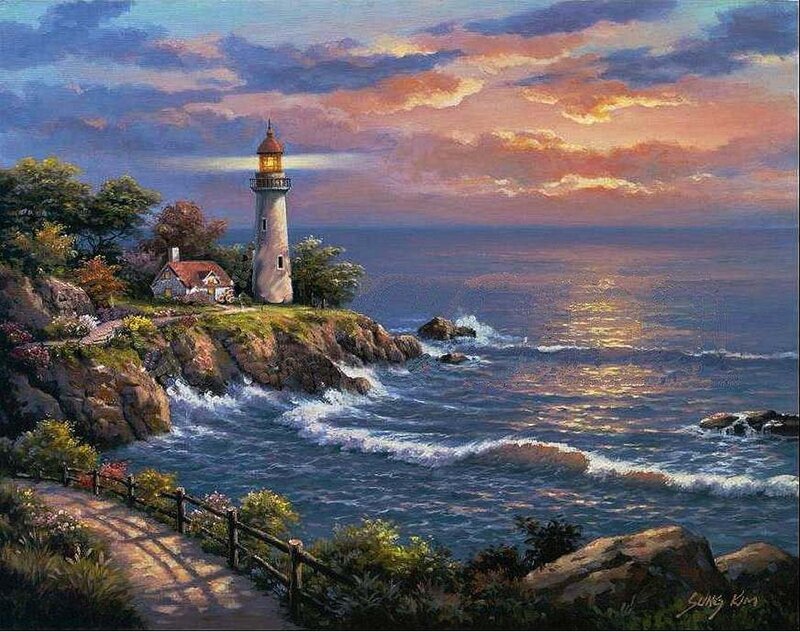 Lighthouse on Rocky Coast — Blue, Serene, Sunset, Painting, Ocean, House