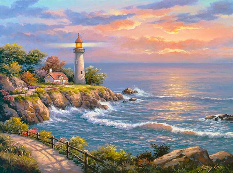 Lighthouse on Rocky Coast — Blue, Serene, Sunset, Painting