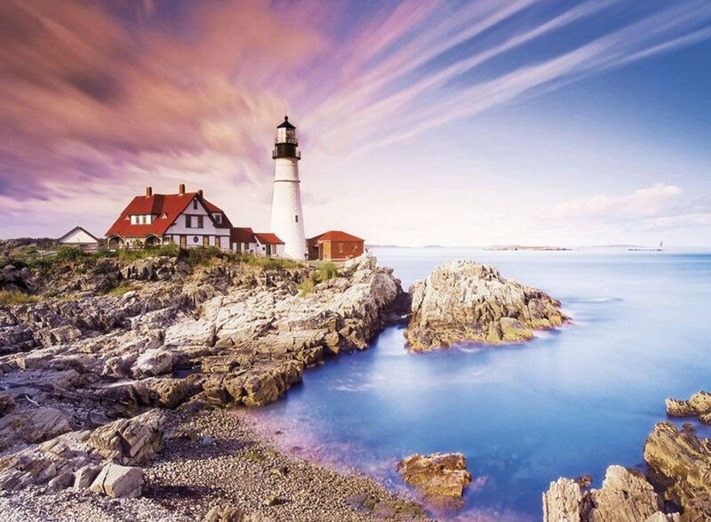 Lighthouse on Rocky Coast — Blue, Serene, Sunset, Photograph, House, Ocean