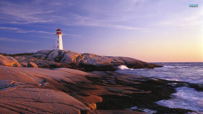 Lighthouse on Rocky Coast — Blue, Serene, Sunset, Photograph, Ocean, Rocks, Sky
