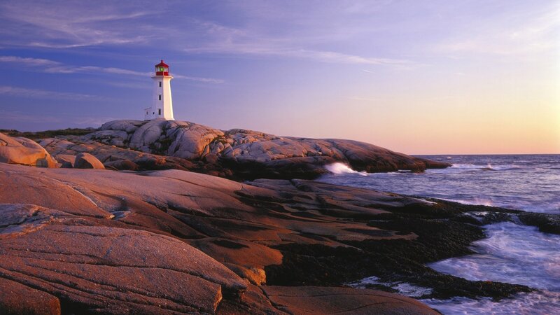 Lighthouse on Rocky Coast — Blue, Serene, Sunset, Photograph, Ocean, Rocks