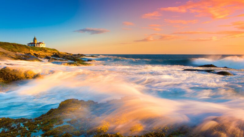Lighthouse on Rocky Coast — Blue, Serene, Sunset, Photograph, Ocean, Waves, Sky