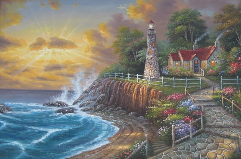 Lighthouse on Rocky Coast — Blue, Serene, Sunset