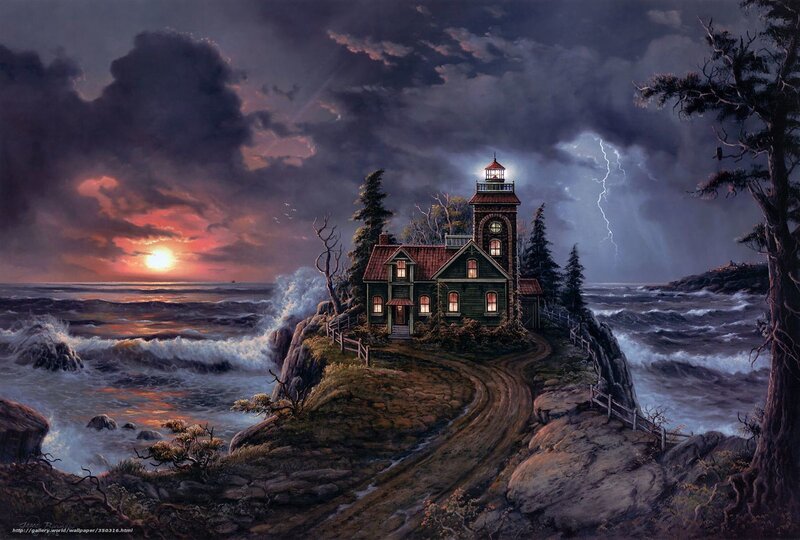 Lighthouse on Rocky Coast — Dark Blue, Dramatic