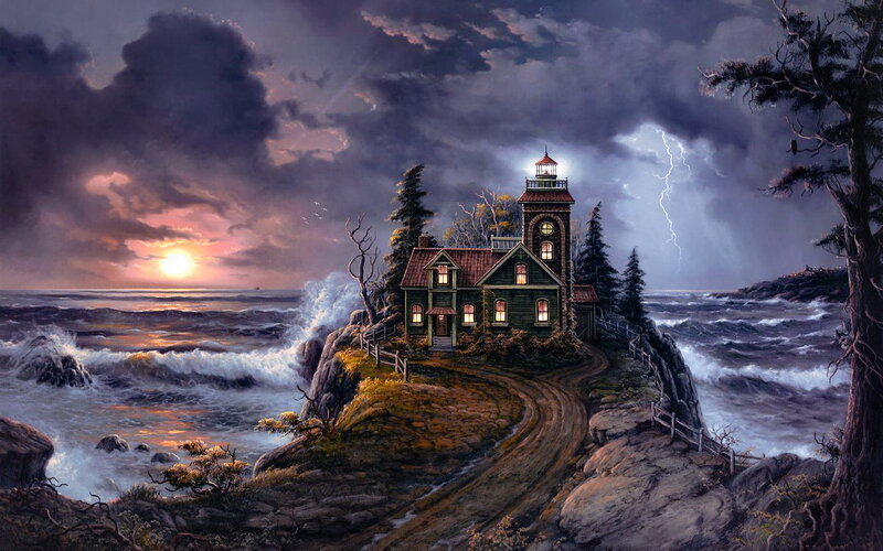 Lighthouse on Rocky Coast — Dark Blue