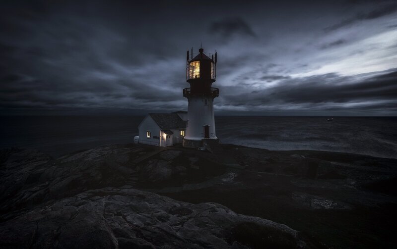 Lighthouse on Rocky Coast — Dark Gray, Dramatic, Night