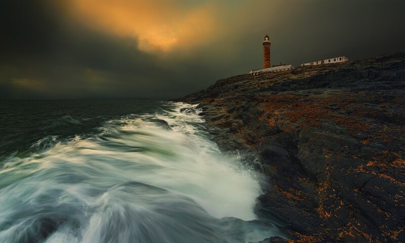 Lighthouse on Rocky Coast — Dark Gray, Dramatic