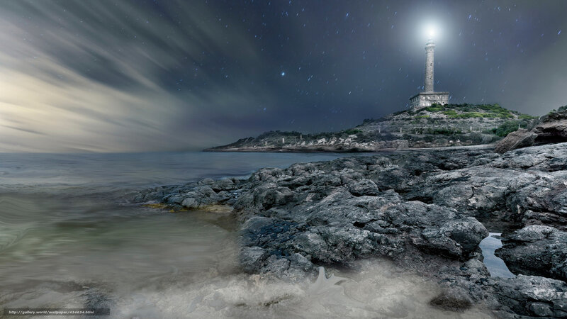 Lighthouse on Rocky Coast — Gray, Dramatic, Night, Digital Art