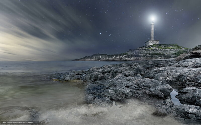 Lighthouse on Rocky Coast — Gray, Dramatic, Night