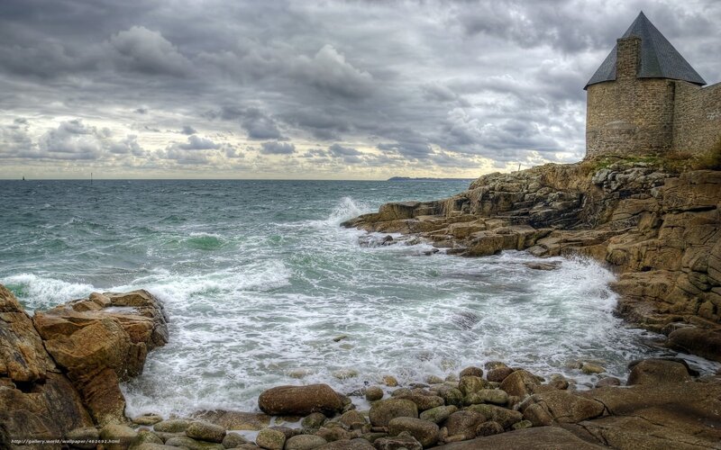 Lighthouse on Rocky Coast — Gray, Dramatic, Photograph, Ocean, Rocks