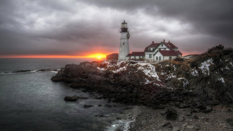 Lighthouse on Rocky Coast — Gray, Dramatic, Sunset, Photograph, Ocean, Sky