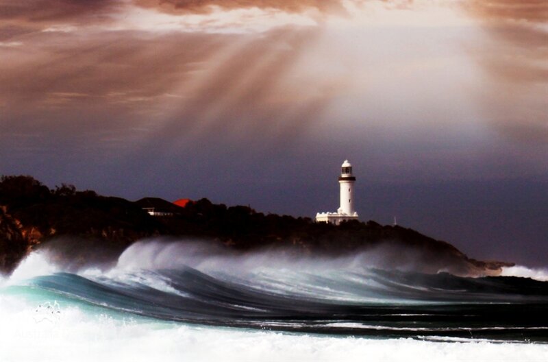 Lighthouse on Rocky Coast — Gray, Dramatic, Sunset, Photograph, Waves