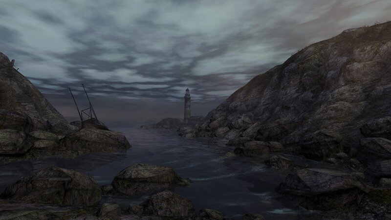 Lighthouse on Rocky Coast — Gray, Dreary