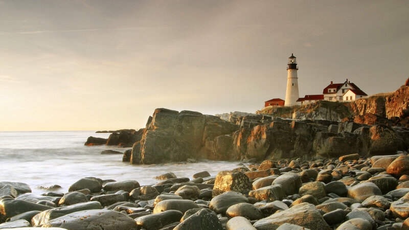 Lighthouse on Rocky Coast — Gray, Serene, Sunset