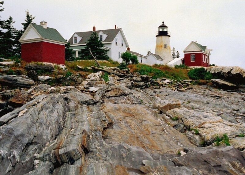 Lighthouse on Rocky Coast — Gray, Serene