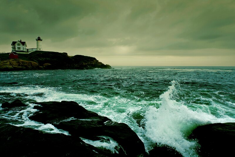 Lighthouse on Rocky Coast — Green, Dramatic, Afternoon