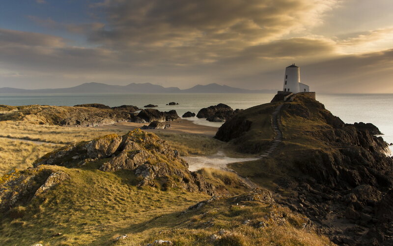 Lighthouse on Rocky Coast — Green, Dramatic, Sunset