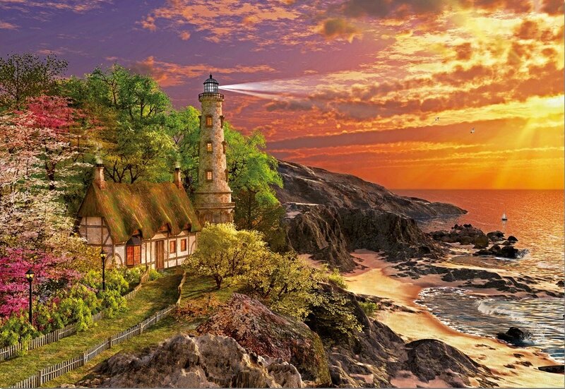 Lighthouse on Rocky Coast — Orange, Dramatic, Sunset, Digital Art, House