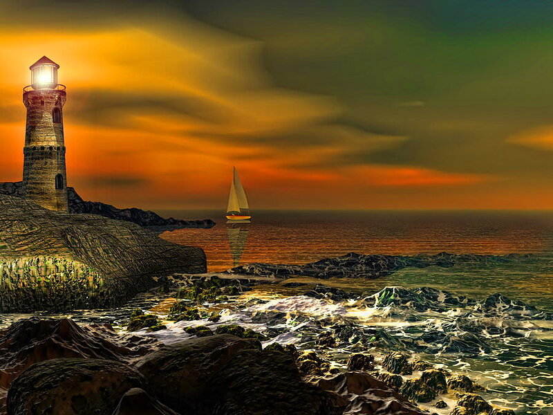 Lighthouse on Rocky Coast — Orange, Dramatic, Sunset, Digital Art