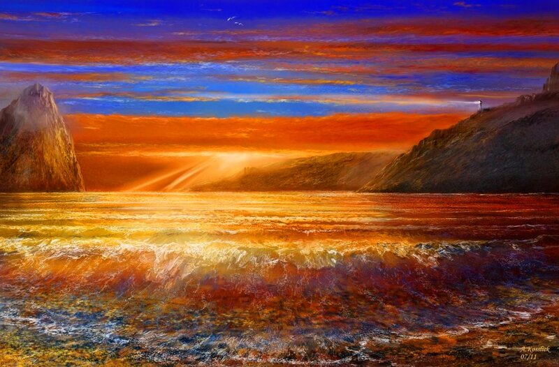 Lighthouse on Rocky Coast — Orange, Dramatic, Sunset, Digital Art, Waves