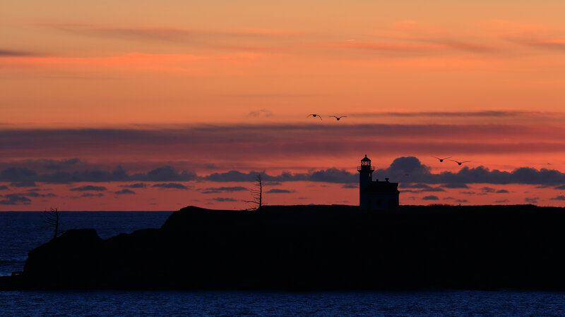 Lighthouse on Rocky Coast — Orange, Dramatic, Sunset, Photograph, Birds