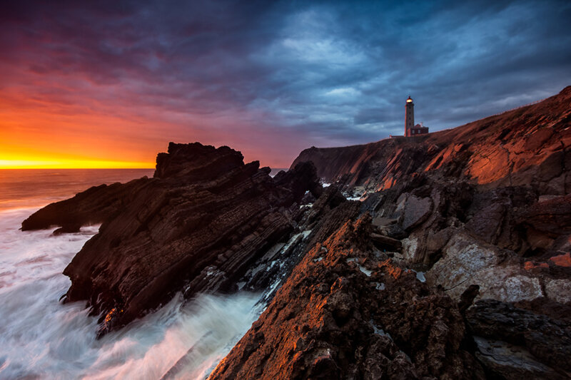 Lighthouse on Rocky Coast — Orange, Dramatic, Sunset, Photograph, Ocean, Cliffs