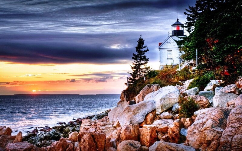 Lighthouse on Rocky Coast — Orange, Dramatic, Sunset, Photograph, Ocean, Trees