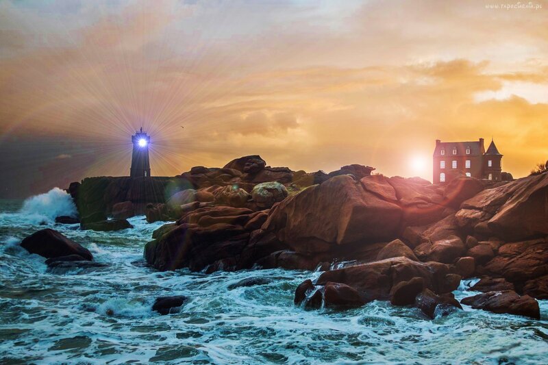 Lighthouse on Rocky Coast — Orange, Dramatic, Sunset, Photograph, Sea, Rocks