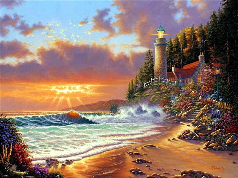 Lighthouse on Rocky Coast — Orange, Serene, Sunset, Painting, Ocean Waves