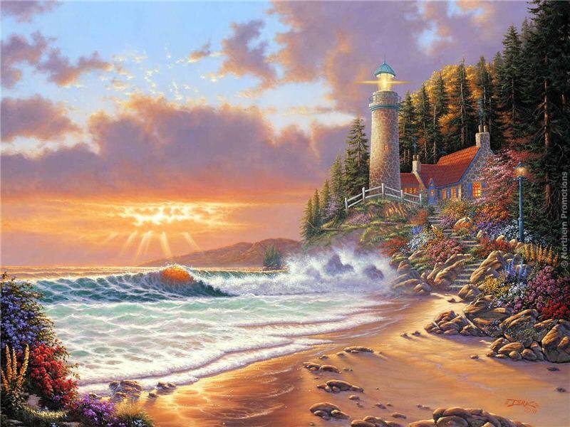 Lighthouse on Rocky Coast — Orange, Serene, Sunset, Painting