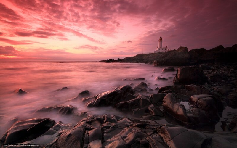 Lighthouse on Rocky Coast — Pink, Dramatic, Sunset, Photograph, Ocean, Rocks
