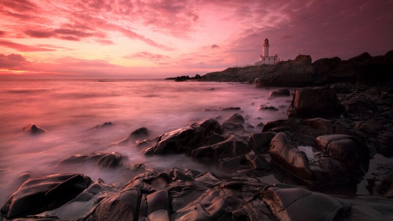 Lighthouse on Rocky Coast — Pink, Dramatic, Sunset