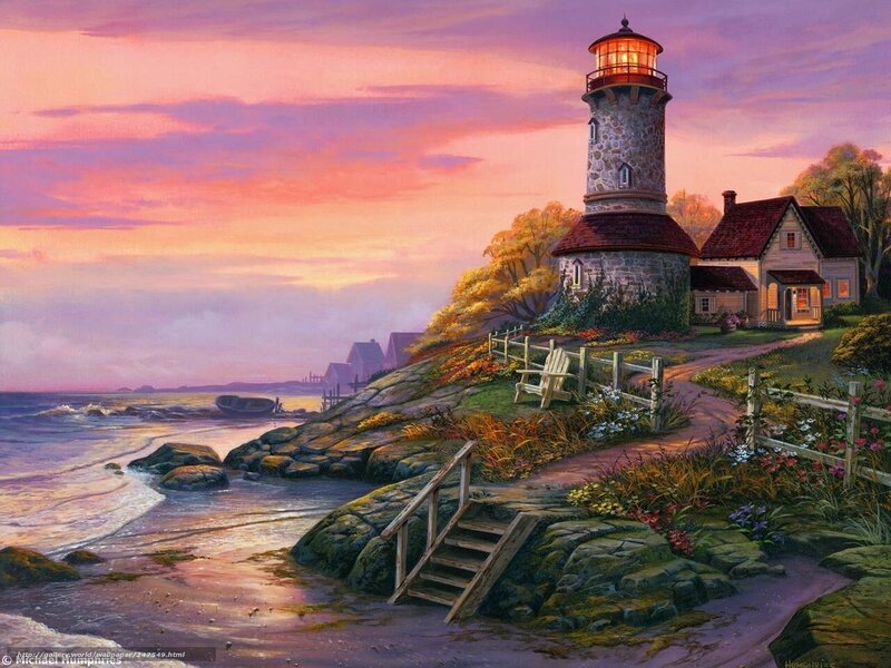 Lighthouse on Rocky Coast — Pink, Serene, Sunset