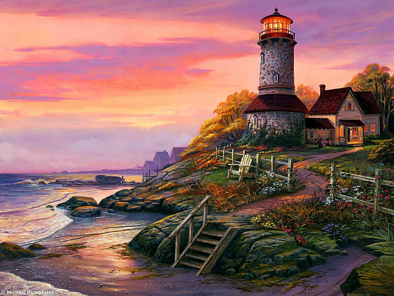 Lighthouse on Rocky Coast — Pink, Serene