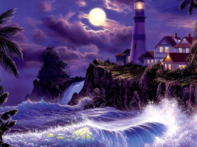 Lighthouse on Rocky Coast — Purple, Dramatic, Night, Digital Art, Moon