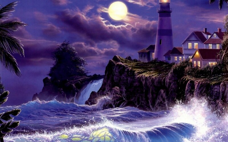 Lighthouse on Rocky Coast — Purple, Dramatic, Night, Digital Art, Moon, Waves