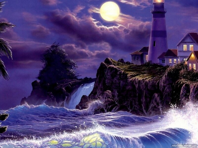 Lighthouse on Rocky Coast — Purple, Dramatic, Night, Digital Art