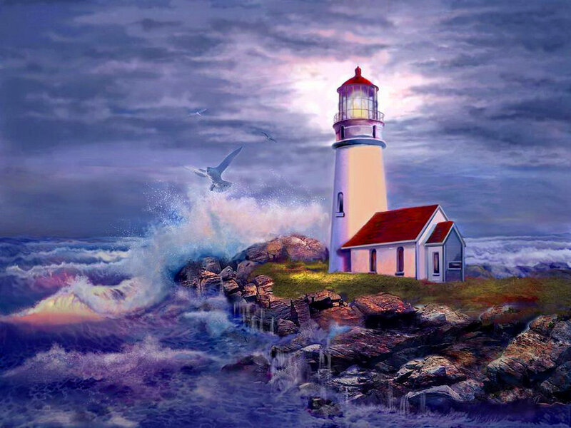 Lighthouse on Rocky Coast — Purple, Dramatic, Night, Painting, Seagulls