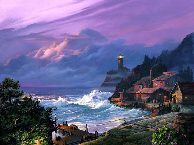 Lighthouse on Rocky Coast — Purple, Dramatic, Night, Painting